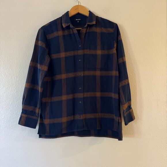 Madewell Flannel Oversized Ex-Boyfriend Shirt Womens Size S Plaid Blue Tan - Picture 2 of 9